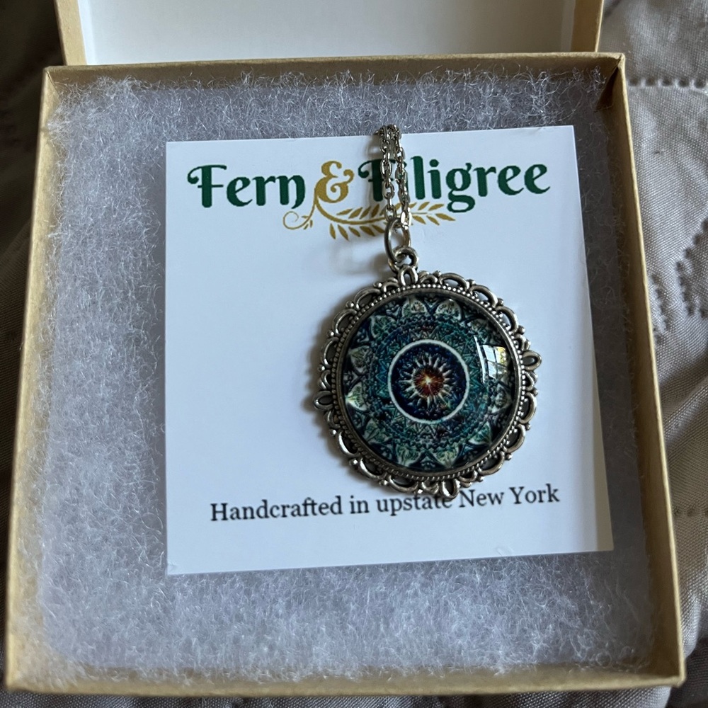 Fern & Filigree Silver and Blue Pendant Necklace